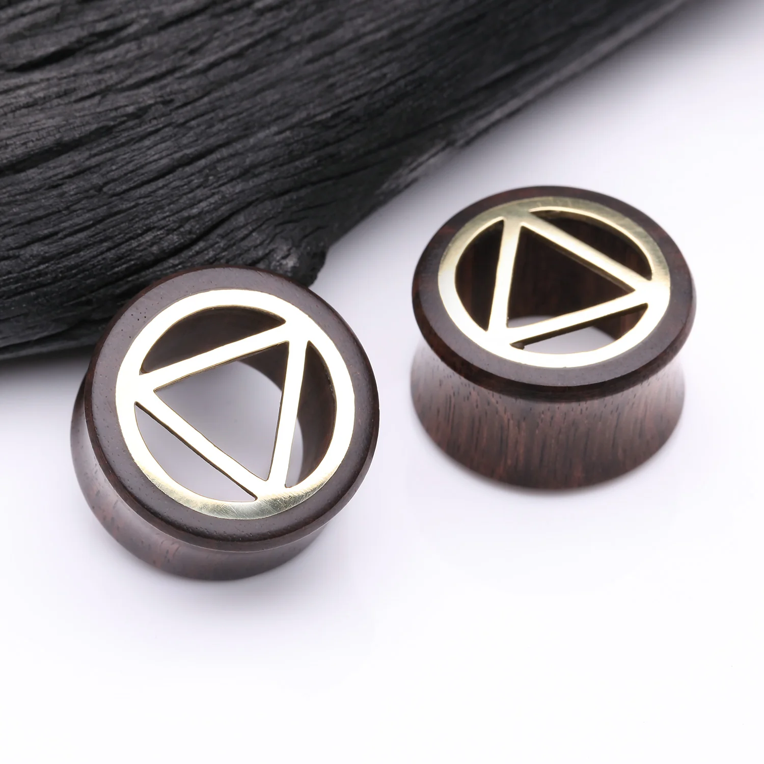 A Pair of Karma Triangle Geometric Brass Rosewood Double Flared Tunnel Plug - Image 2