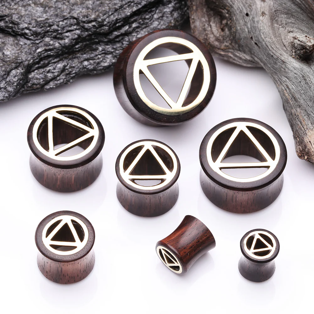 A Pair of Karma Triangle Geometric Brass Rosewood Double Flared Tunnel Plug - Image 3