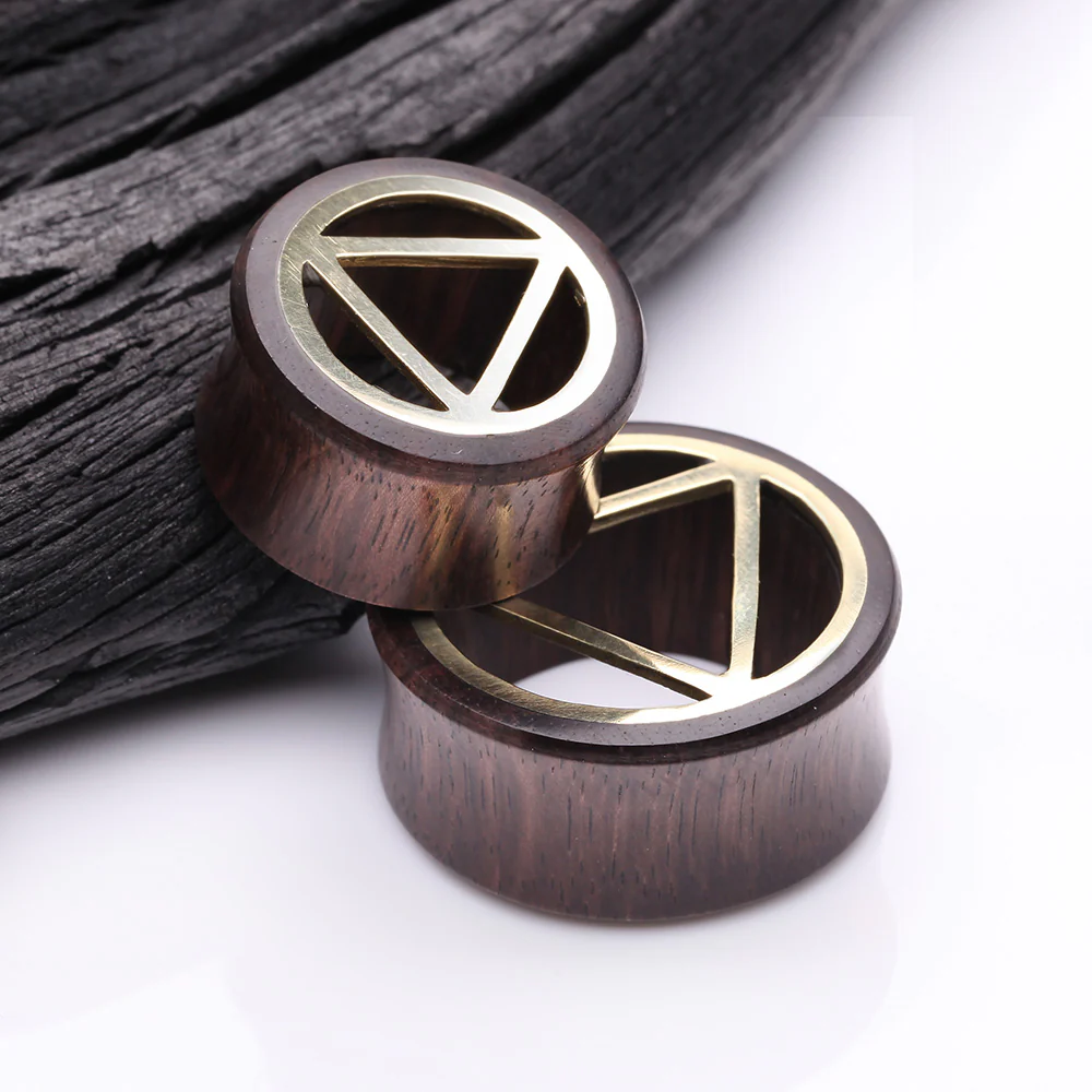 A Pair of Karma Triangle Geometric Brass Rosewood Double Flared Tunnel Plug - Image 4