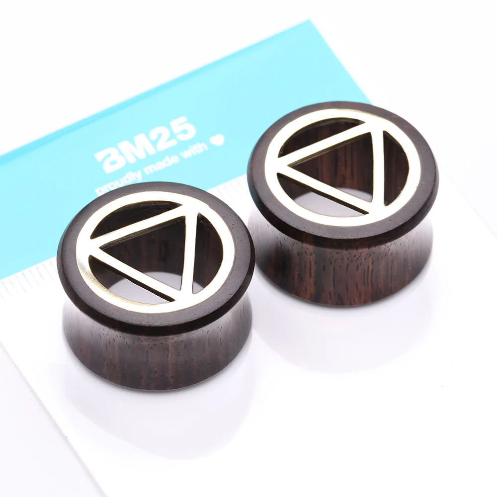 A Pair of Karma Triangle Geometric Brass Rosewood Double Flared Tunnel Plug - Image 5
