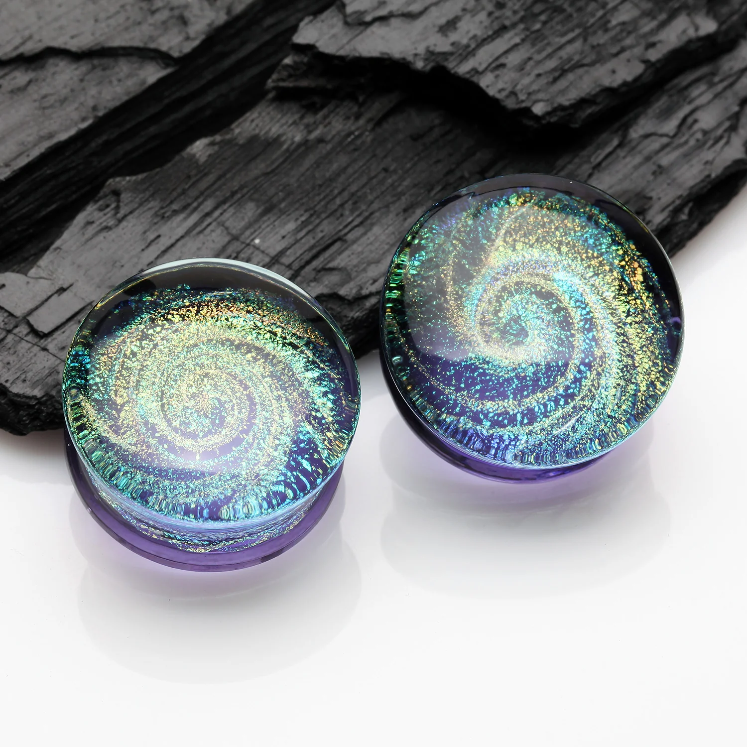A Pair of Lavender Galaxy Milky Way Glass Double Flared Plug - Image 2