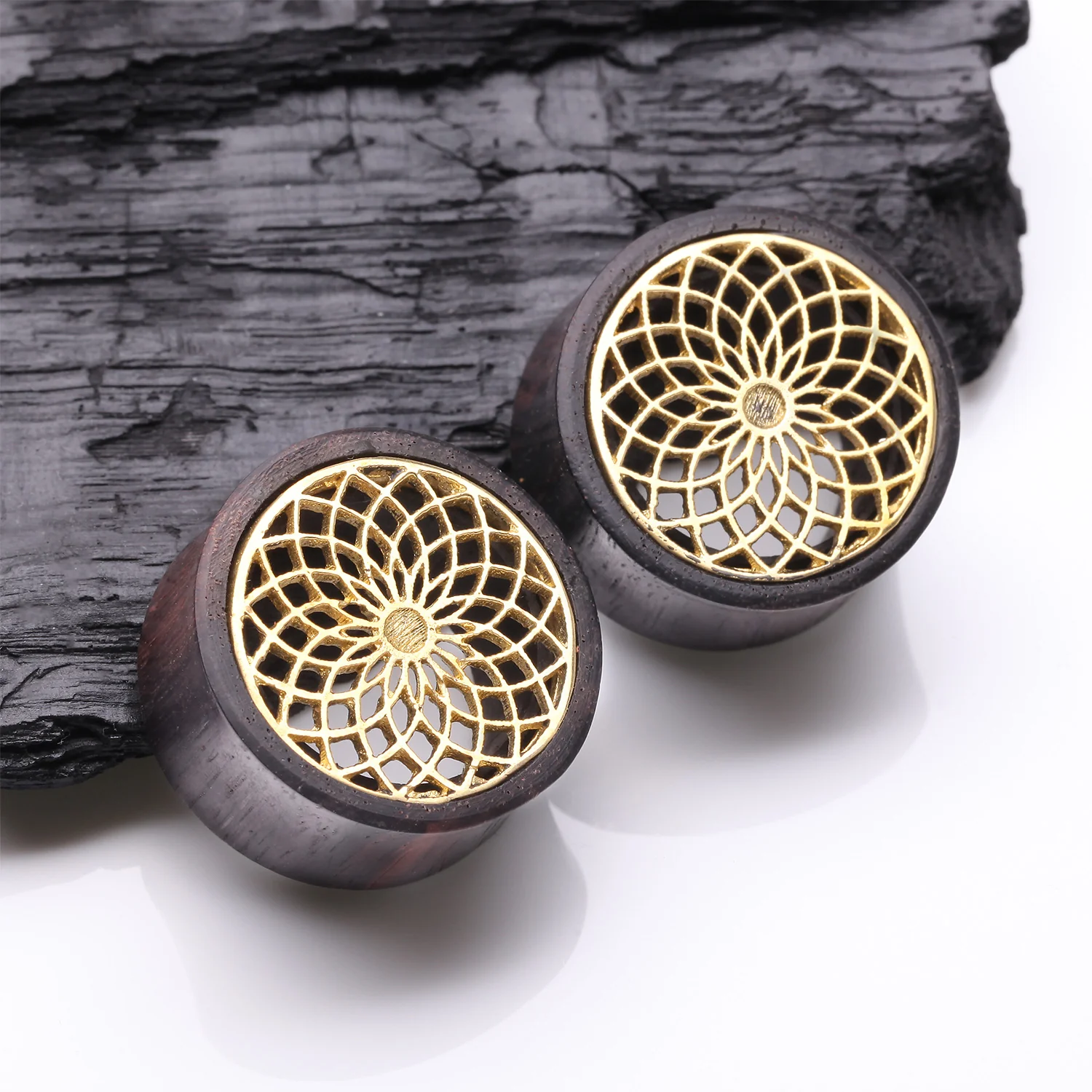 A Pair of Lotus Zen Bali Brass Rosewood Double Flared Tunnel Plug - Image 2