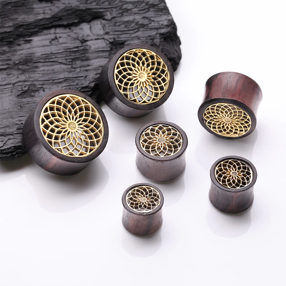 A Pair of Lotus Zen Bali Brass Rosewood Double Flared Tunnel Plug - Image 3