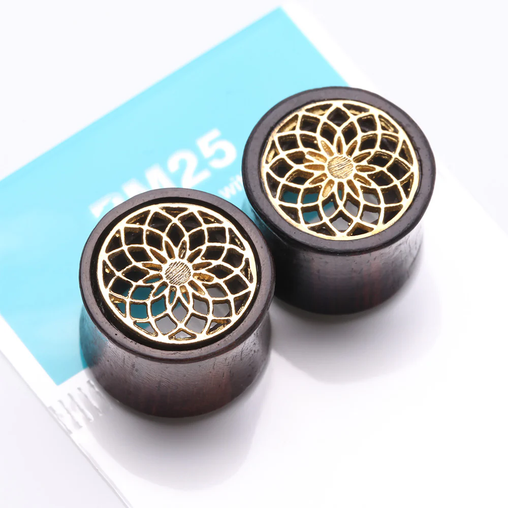 A Pair of Lotus Zen Bali Brass Rosewood Double Flared Tunnel Plug - Image 4