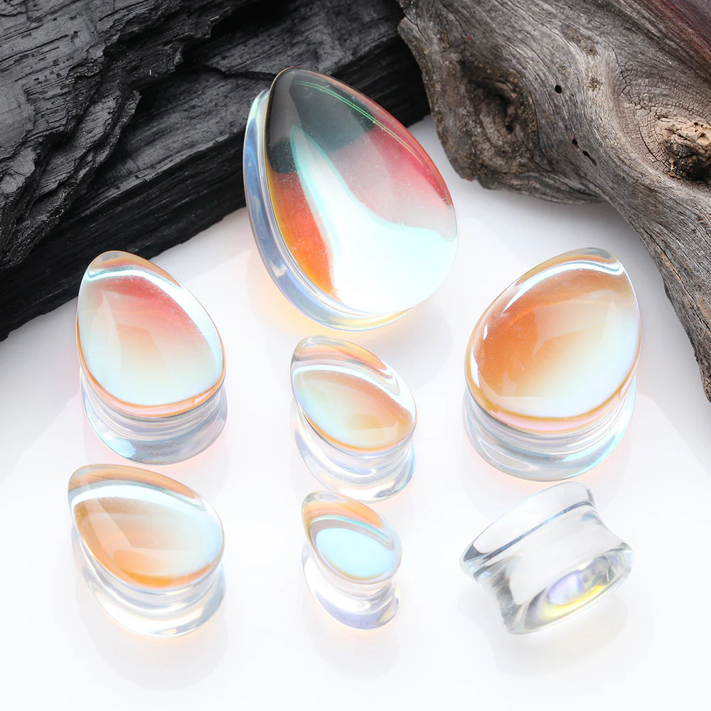 A Pair of Luminous Iridescent Teardrop Glass Double Flared Plug - Image 2