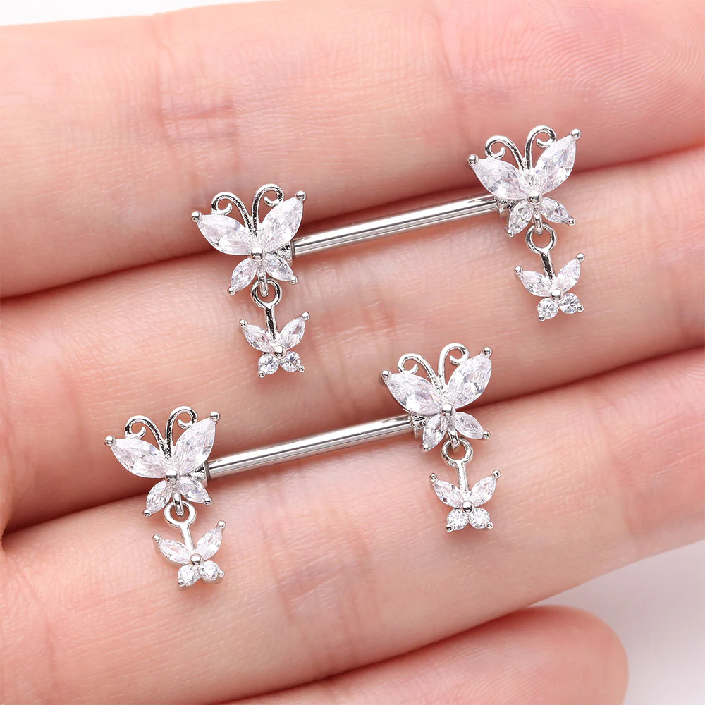 A Pair of Marquise Butterfly Duo Sparkle Dangle Nipple Barbell - Image 3