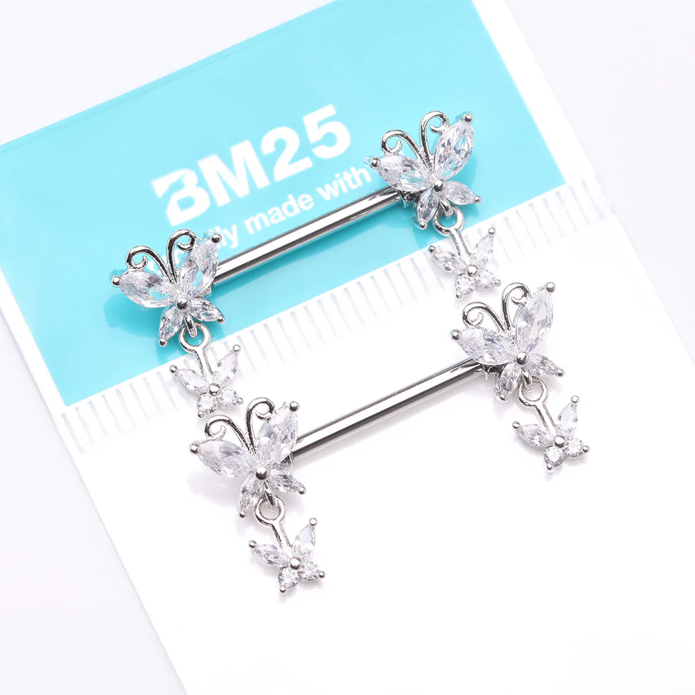 A Pair of Marquise Butterfly Duo Sparkle Dangle Nipple Barbell - Image 4