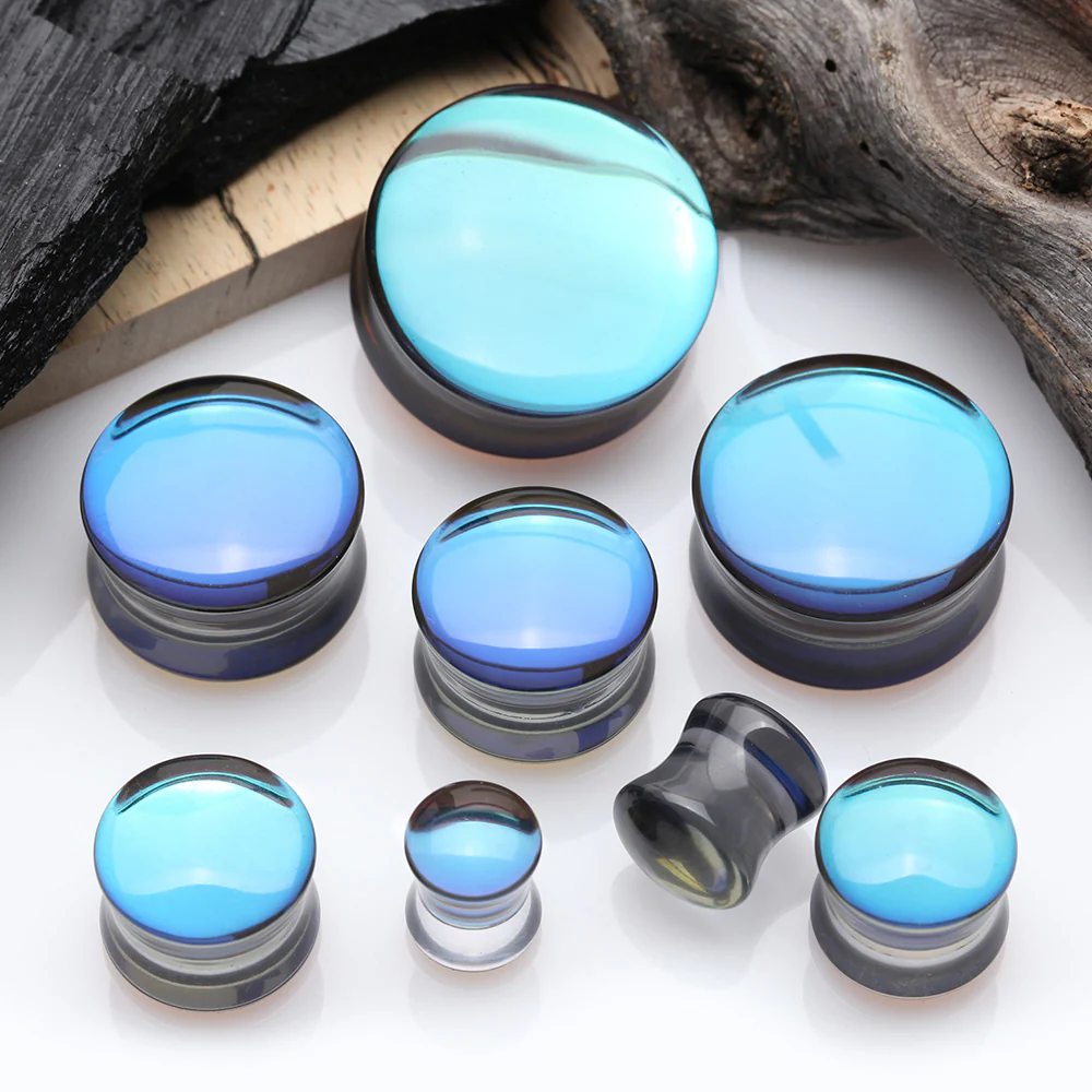 A Pair of Midnight Moon Iridescent Glass Double Flared Ear Gauge Plug - Image 3