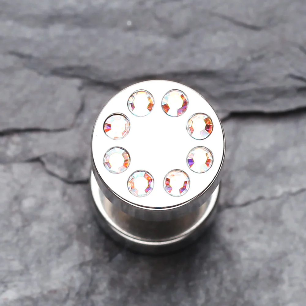 A Pair of Multi Gem Encircled Steel Fake Plug Earring - Image 3