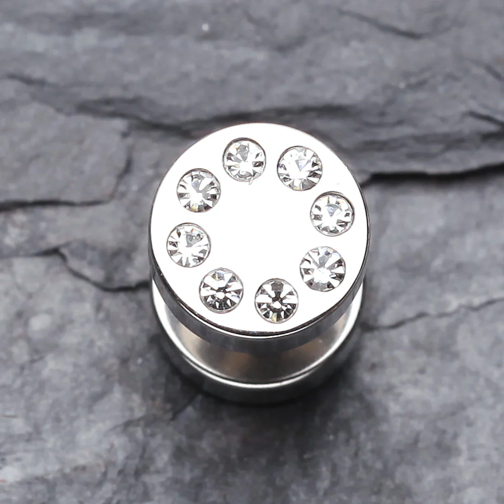A Pair of Multi Gem Encircled Steel Fake Plug Earring - Image 3
