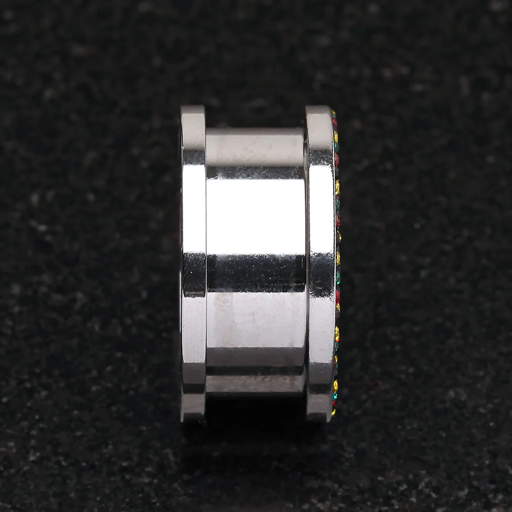 A Pair of Multi-Gem Sparkle Rasta Screw-Fit Steel Ear Gauge Tunnel Plug - Image 3