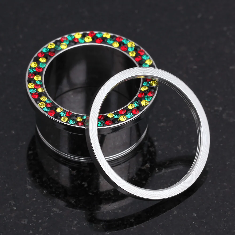 A Pair of Multi-Gem Sparkle Rasta Screw-Fit Steel Ear Gauge Tunnel Plug - Image 4