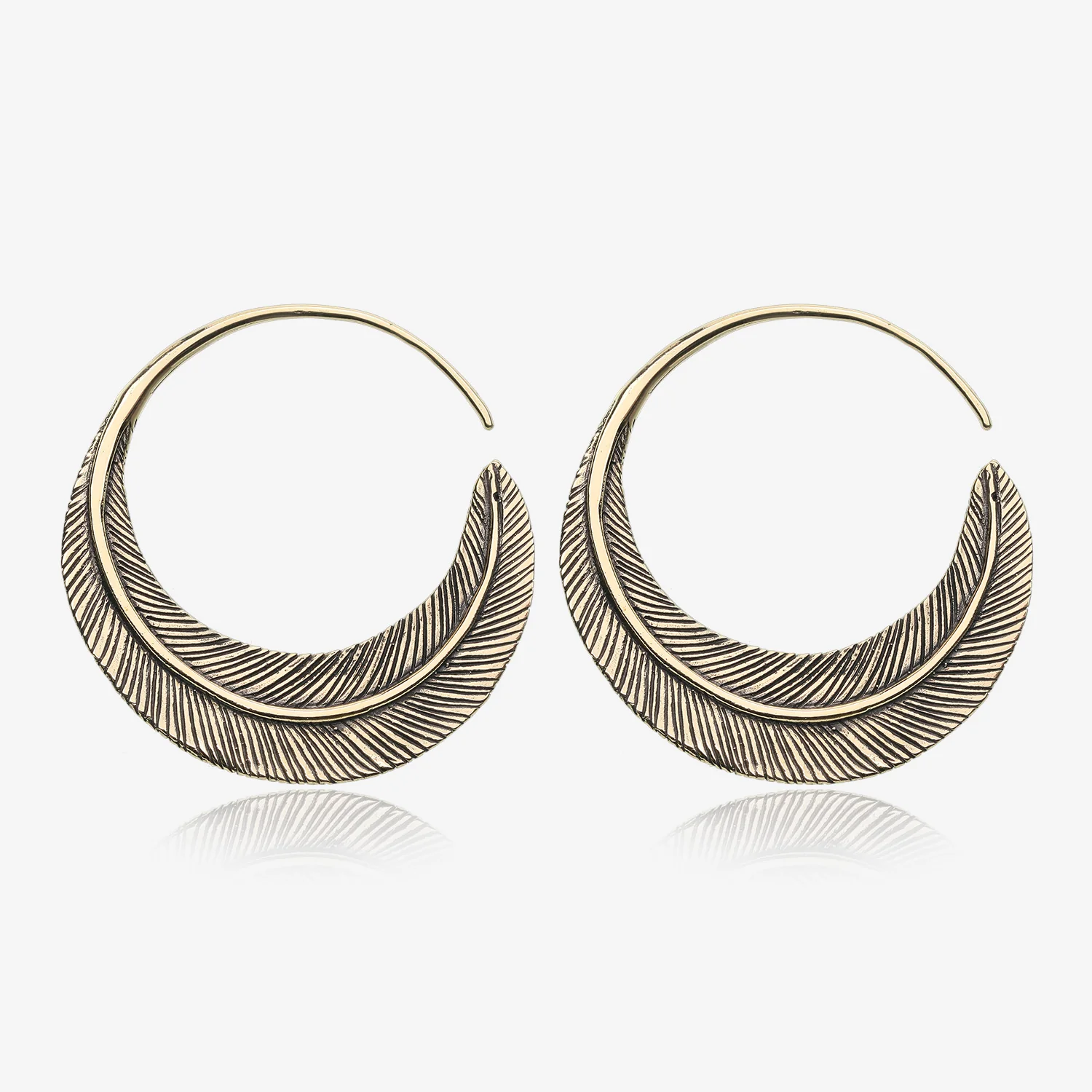 A Pair of Mystic Feather Loop Golden Brass Plug Hoop Earring