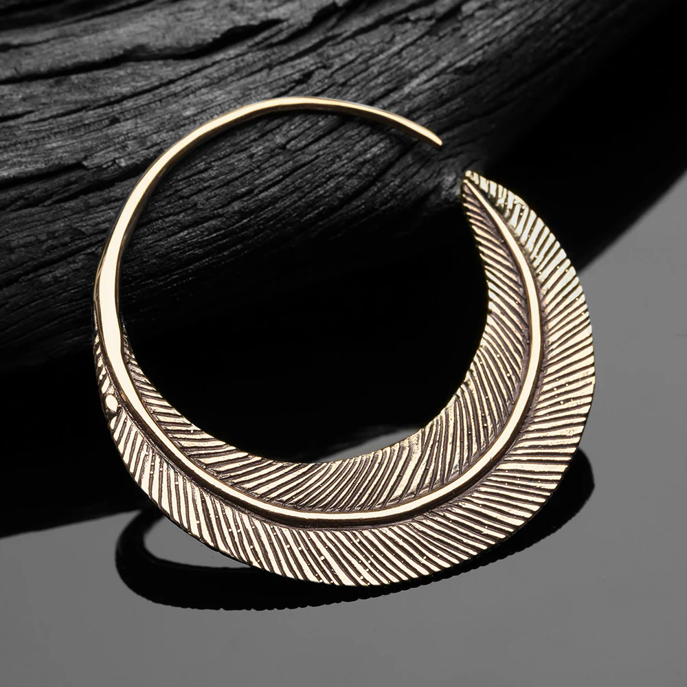 A Pair of Mystic Feather Loop Golden Brass Plug Hoop Earring - Image 3