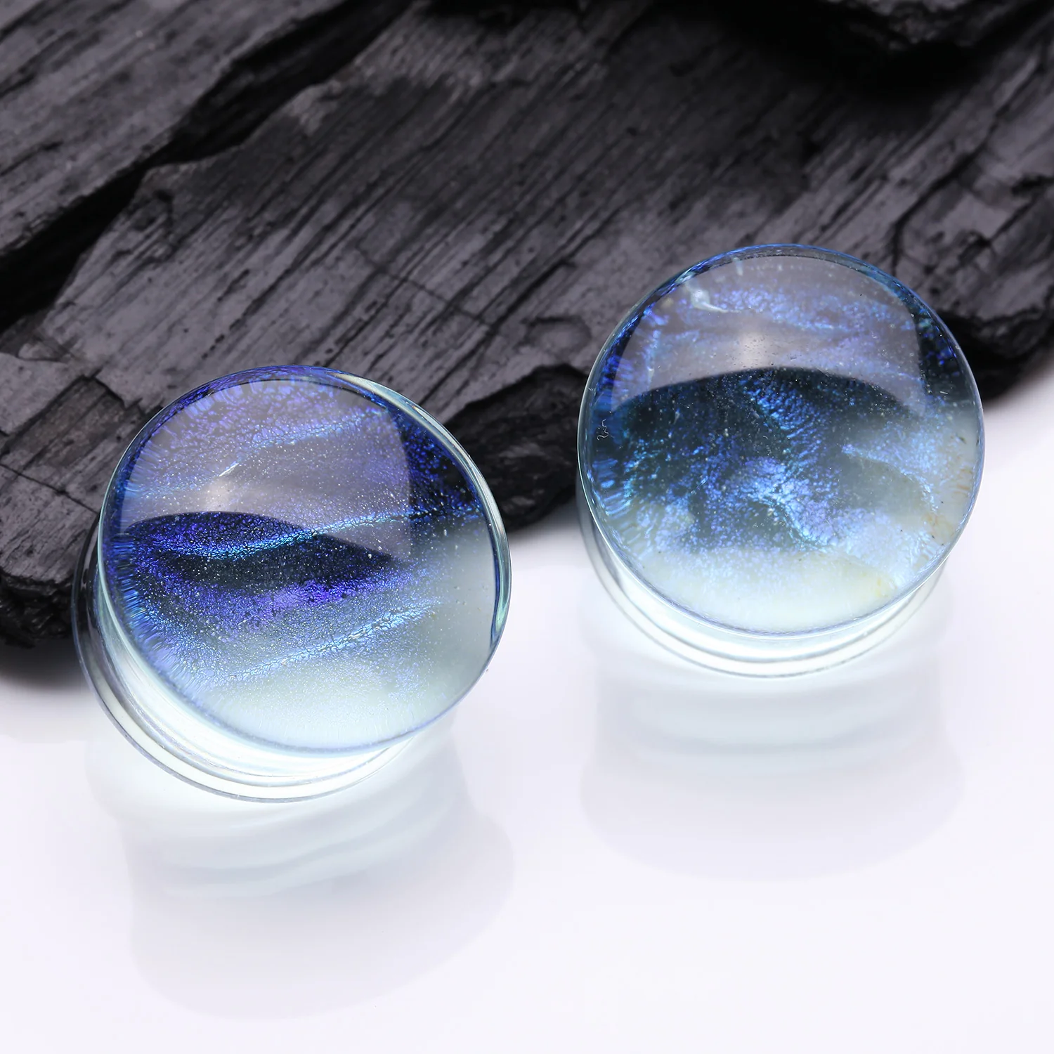A Pair of Mystic Ocean Iridescent Glass Double Flared Plug - Image 2