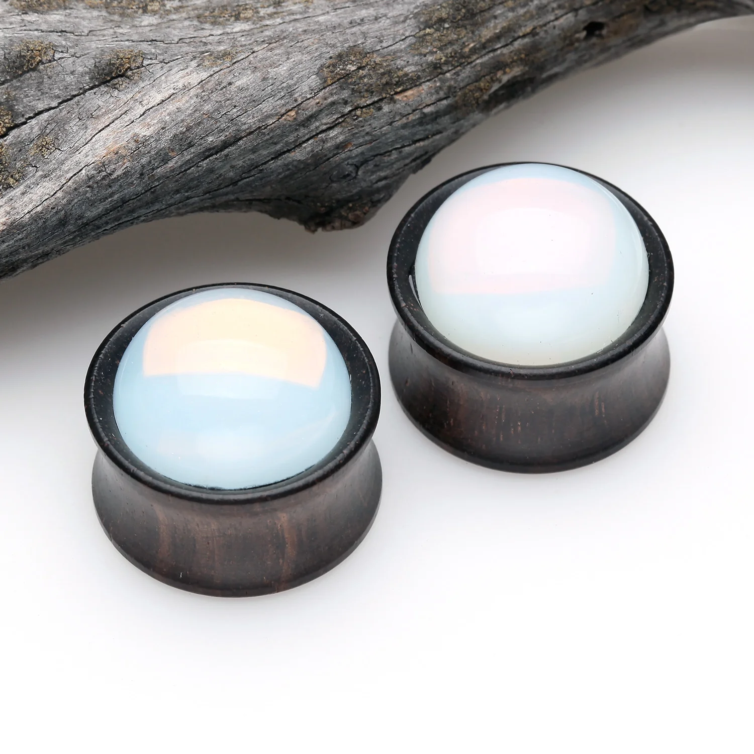 A Pair of Opalite Inlay Ebony Wood Organic Double Flared Plug - Image 2