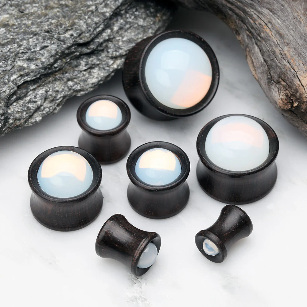 A Pair of Opalite Inlay Ebony Wood Organic Double Flared Plug - Image 3