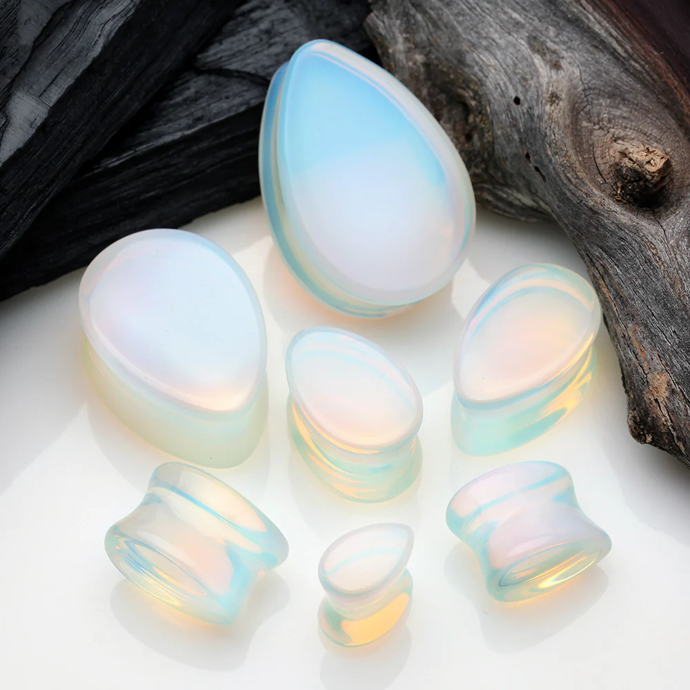 A Pair of Opalite Stone Teardrop Double Flared Ear Gauge Plug - Image 3