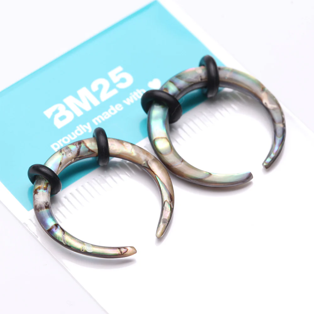 A Pair of Organic Abalone Shell Buffalo Pincher Hanging Taper with O-Rings - Image 4