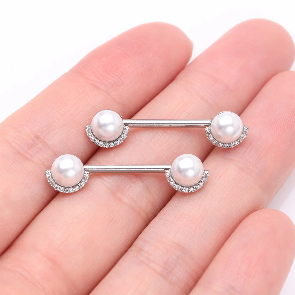 A Pair of Pearlescent Sparkle Crescent Rim Nipple Barbell - Image 3