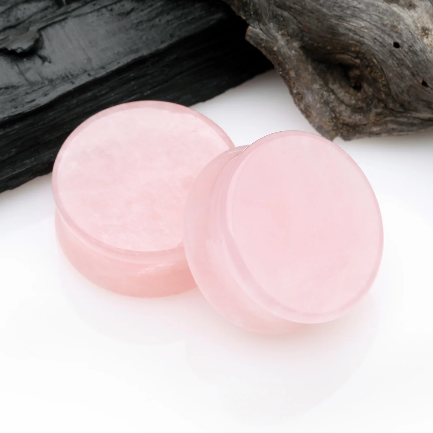 A Pair of Pink Rose Quartz Stone Double Flared Ear Gauge Plug - Image 2