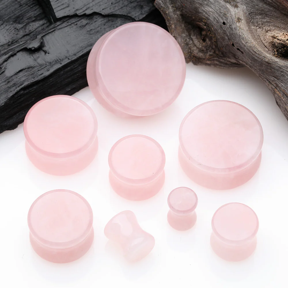 A Pair of Pink Rose Quartz Stone Double Flared Ear Gauge Plug - Image 3