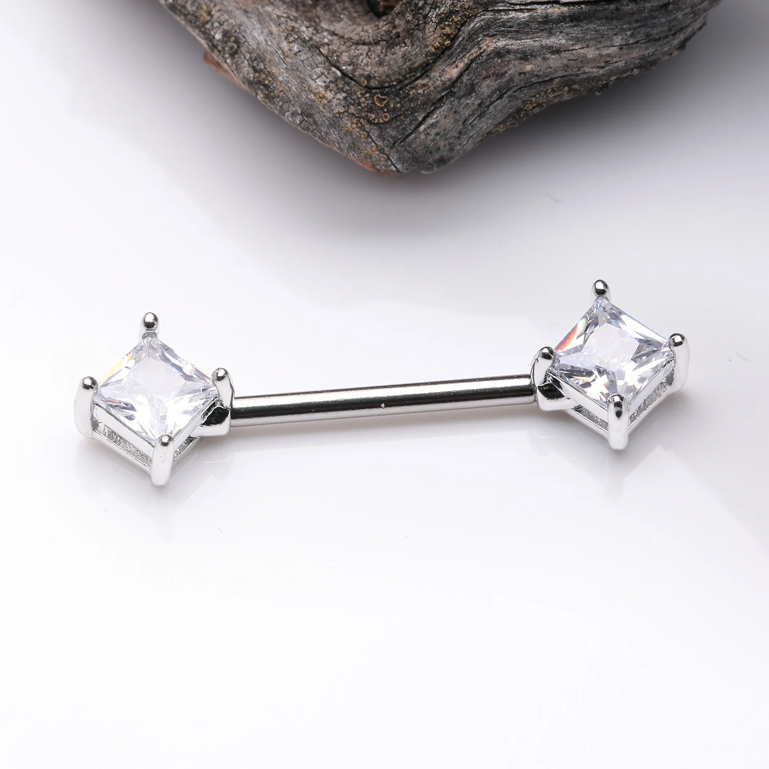 A Pair of Princess Cut Square Sparkle Gem Nipple Barbell - Image 2