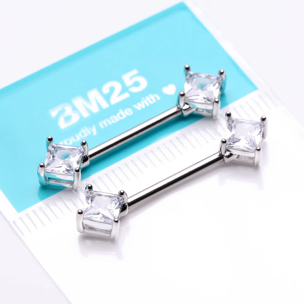 A Pair of Princess Cut Square Sparkle Gem Nipple Barbell - Image 3