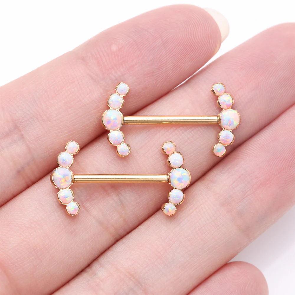 A Pair of Pure24K Implant Grade Titanium Threadless Fire Opal Ray Multi-Gem Nipple Barbell - Image 3