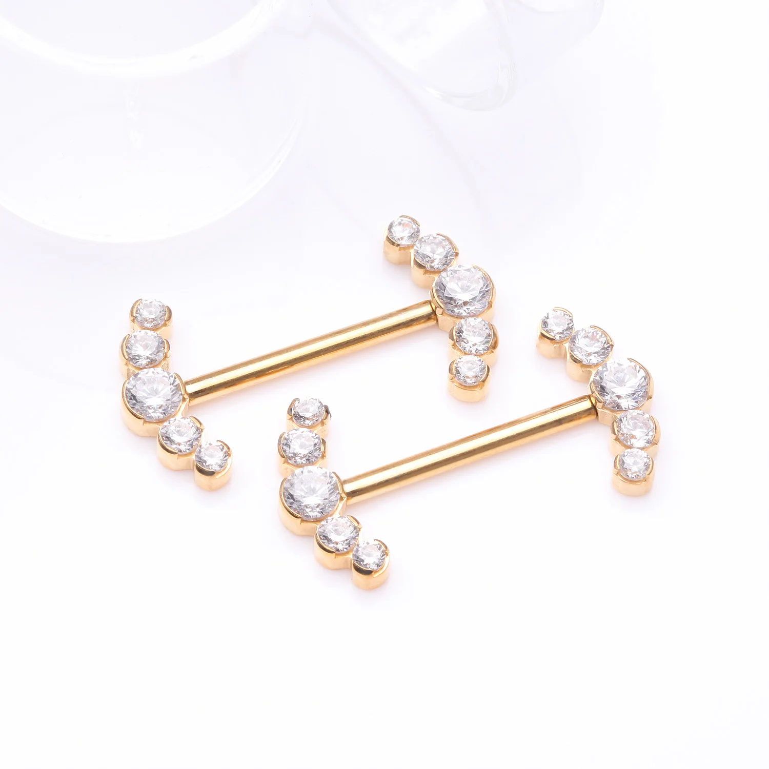 A Pair of Pure24K Implant Grade Titanium Threadless Sparkle Ray Multi-Gem Nipple Barbell - Image 2