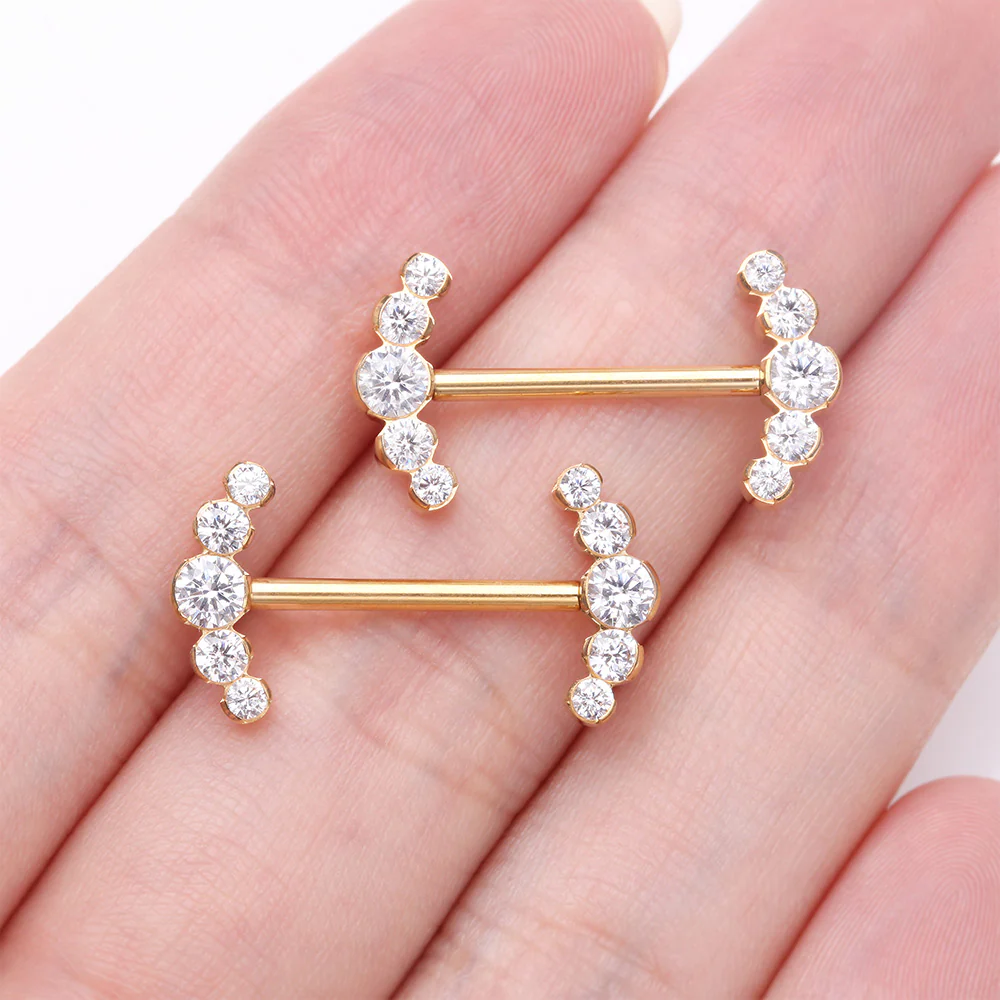 A Pair of Pure24K Implant Grade Titanium Threadless Sparkle Ray Multi-Gem Nipple Barbell - Image 3