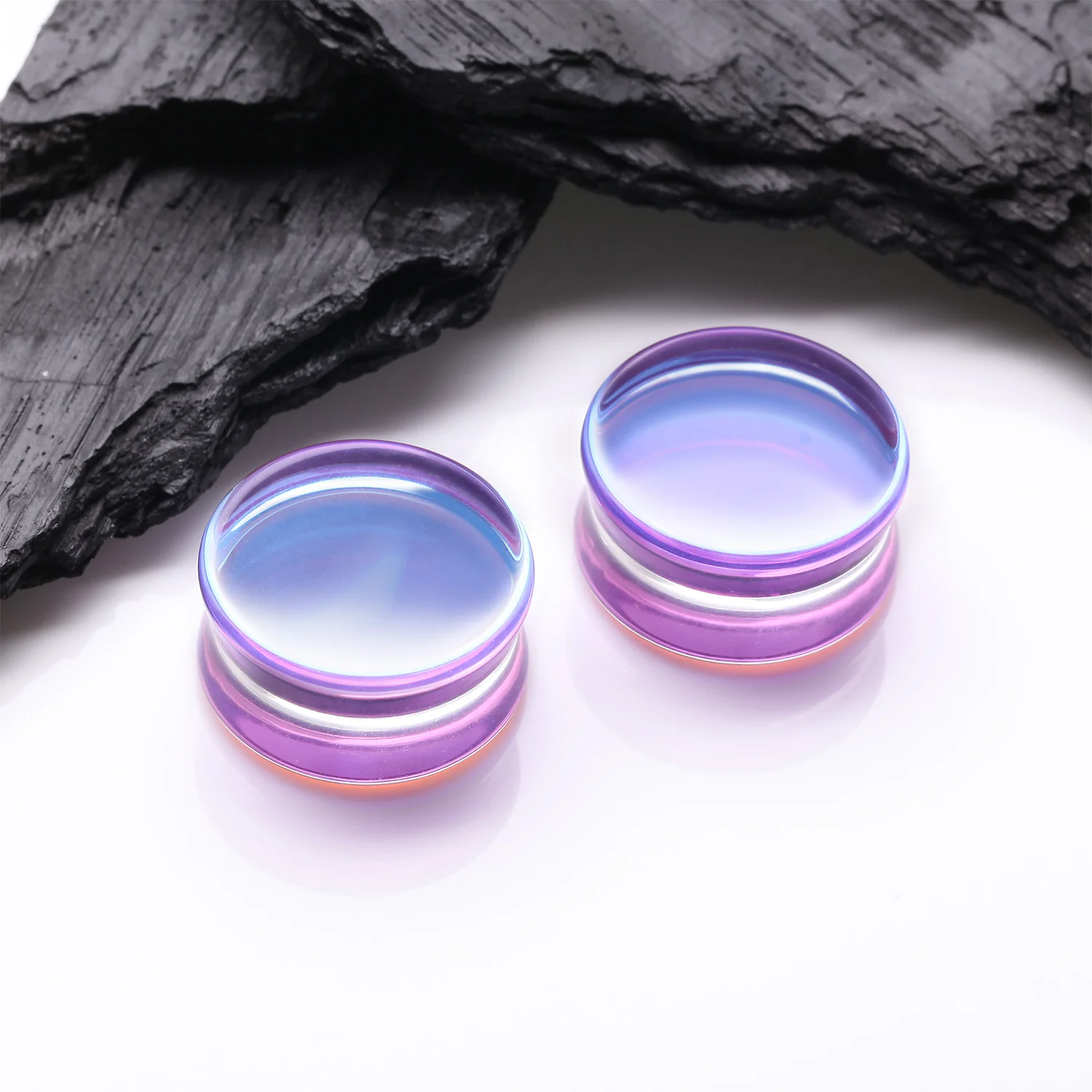 A Pair of Purple Luminous Iridescent Flat Glass Double Flared Plug - Image 2