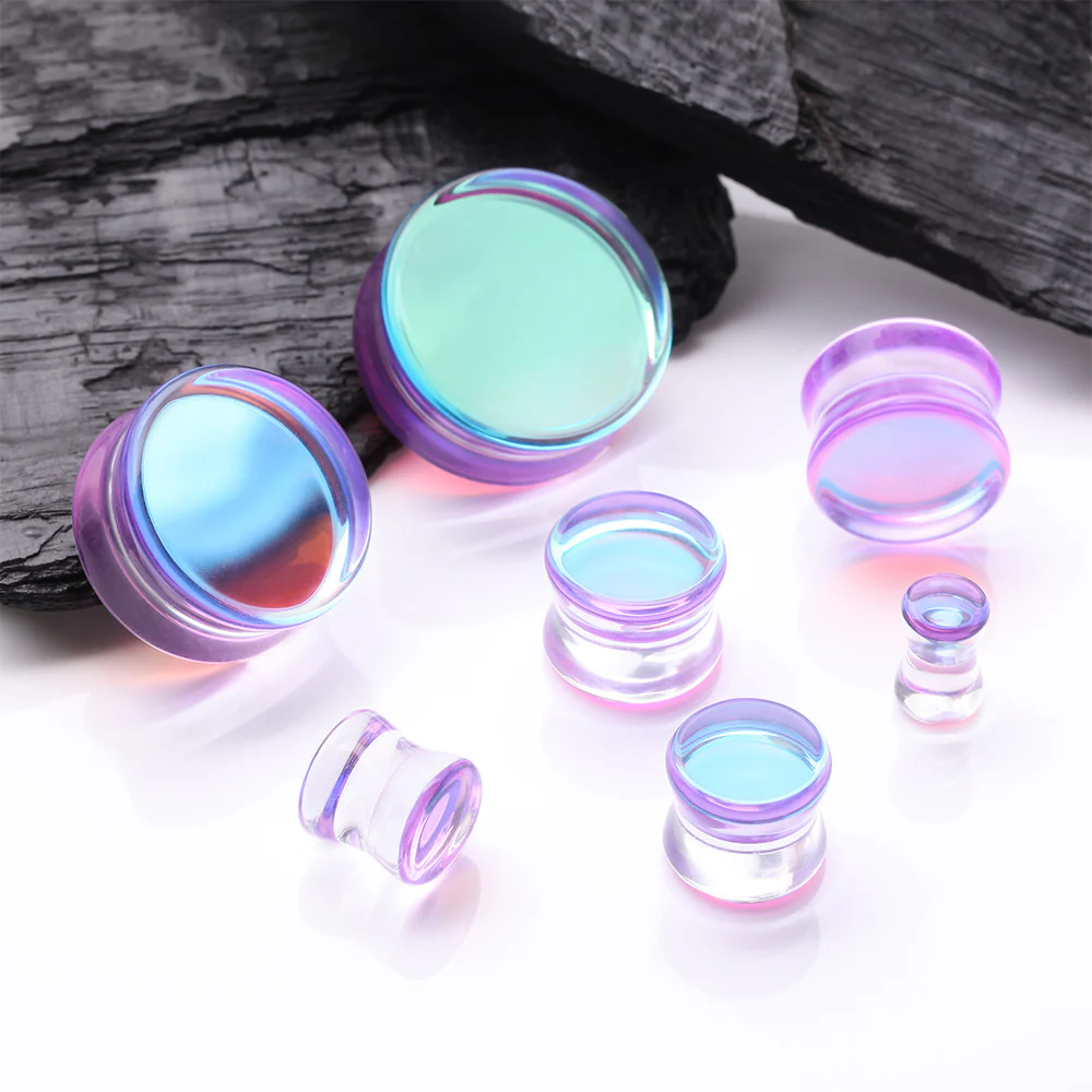 A Pair of Purple Luminous Iridescent Flat Glass Double Flared Plug - Image 3