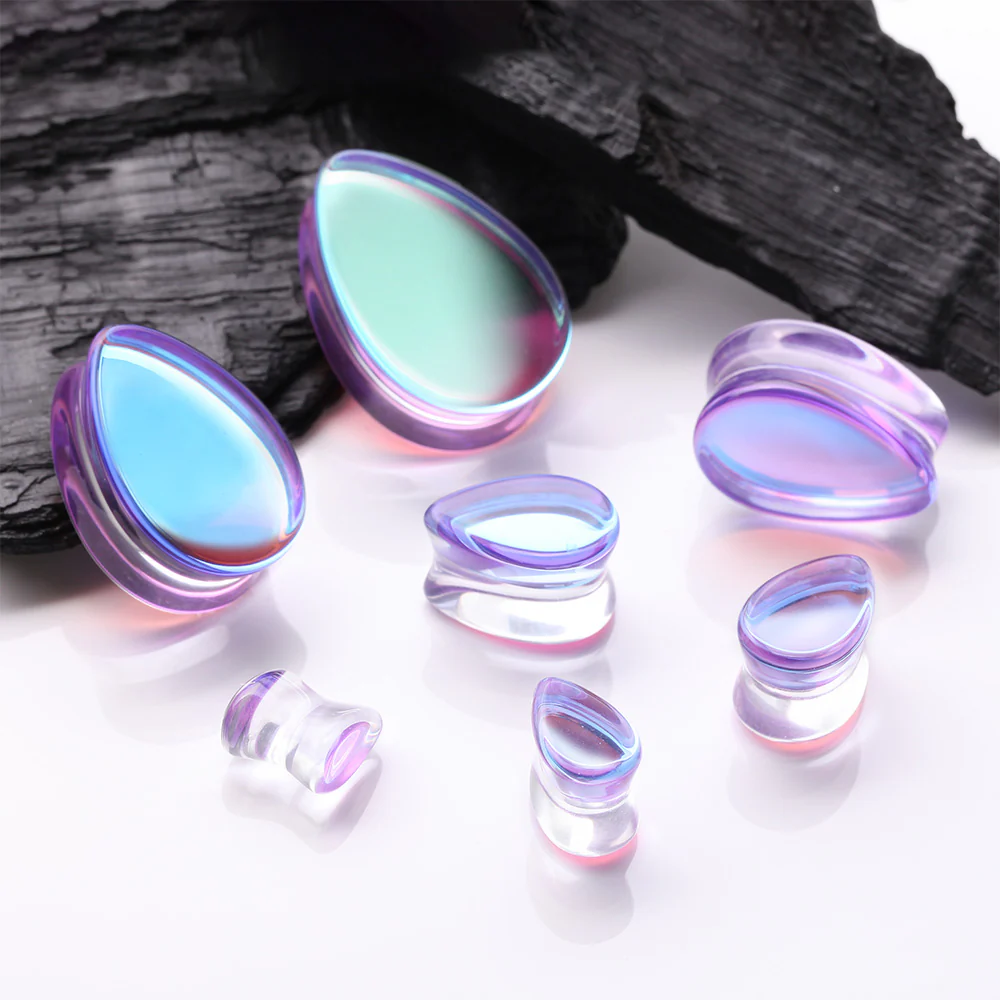 A Pair of Purple Luminous Iridescent Flat Glass Teardrop Double Flared Plug - Image 3