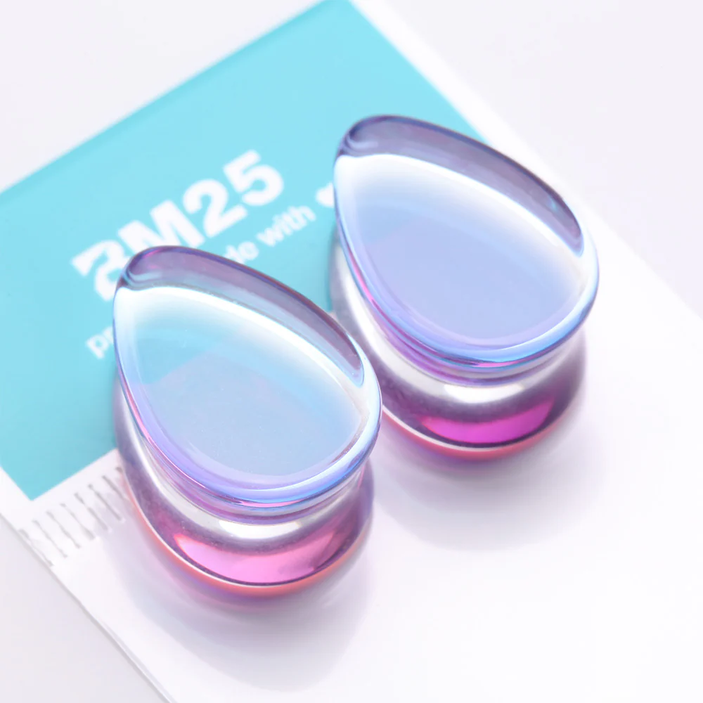 A Pair of Purple Luminous Iridescent Flat Glass Teardrop Double Flared Plug - Image 4