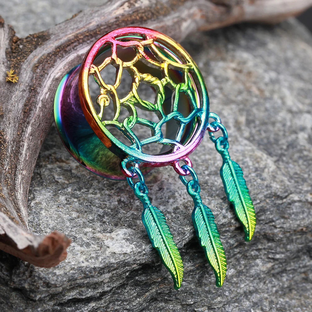 A Pair of Rainbow Dreamcatcher Feather Dangle Steel Ear Gauge Plug - Image 3