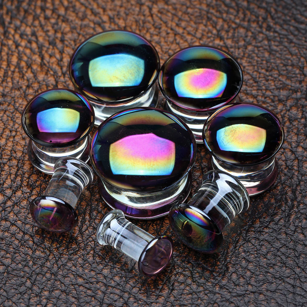 A Pair of Rainbow Slick Iridescent Convex Glass Double Flared Plug - Image 3