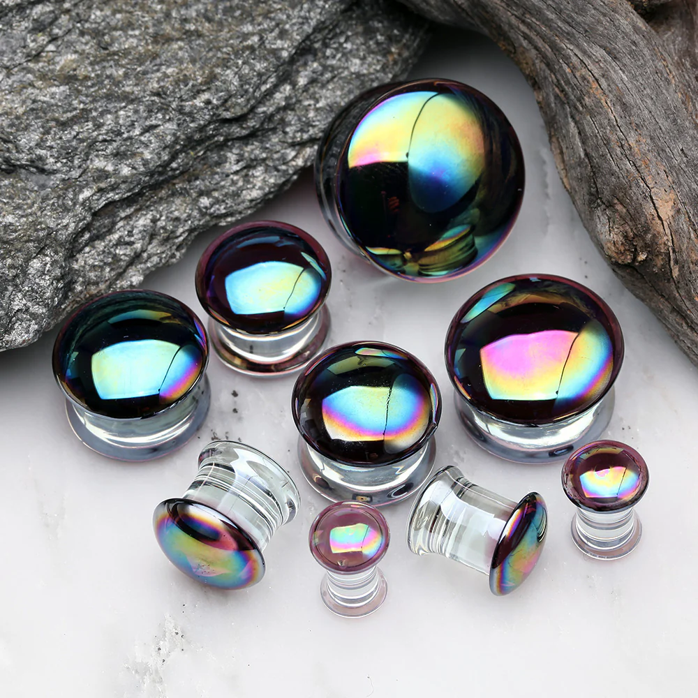 A Pair of Rainbow Slick Iridescent Convex Glass Double Flared Plug - Image 4