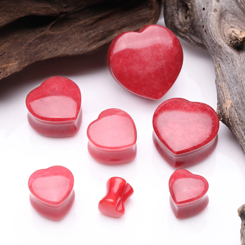 A Pair of Red Jade Heart Stone Double Flared Plug - Image 3