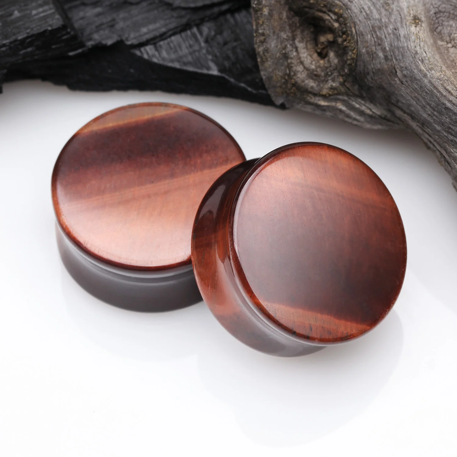 A Pair of Red Tiger Eye Stone Double Flared Ear Gauge Plug - Image 2