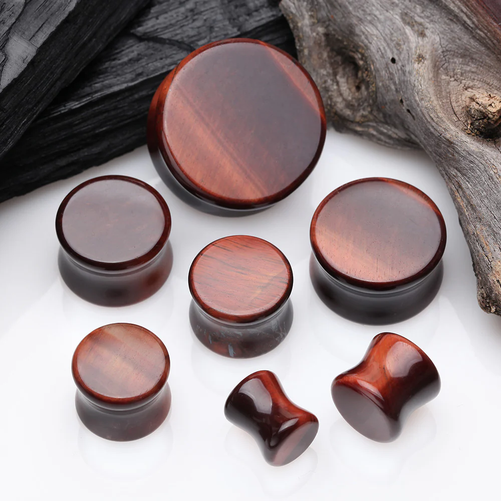 A Pair of Red Tiger Eye Stone Double Flared Ear Gauge Plug - Image 3