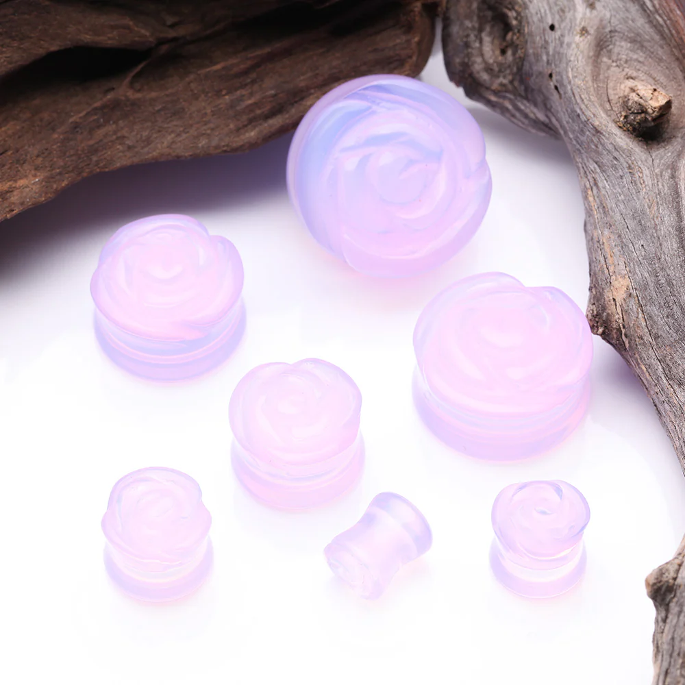 A Pair of Rose Blossom Lavender Glass Double Flared Plug - Image 3