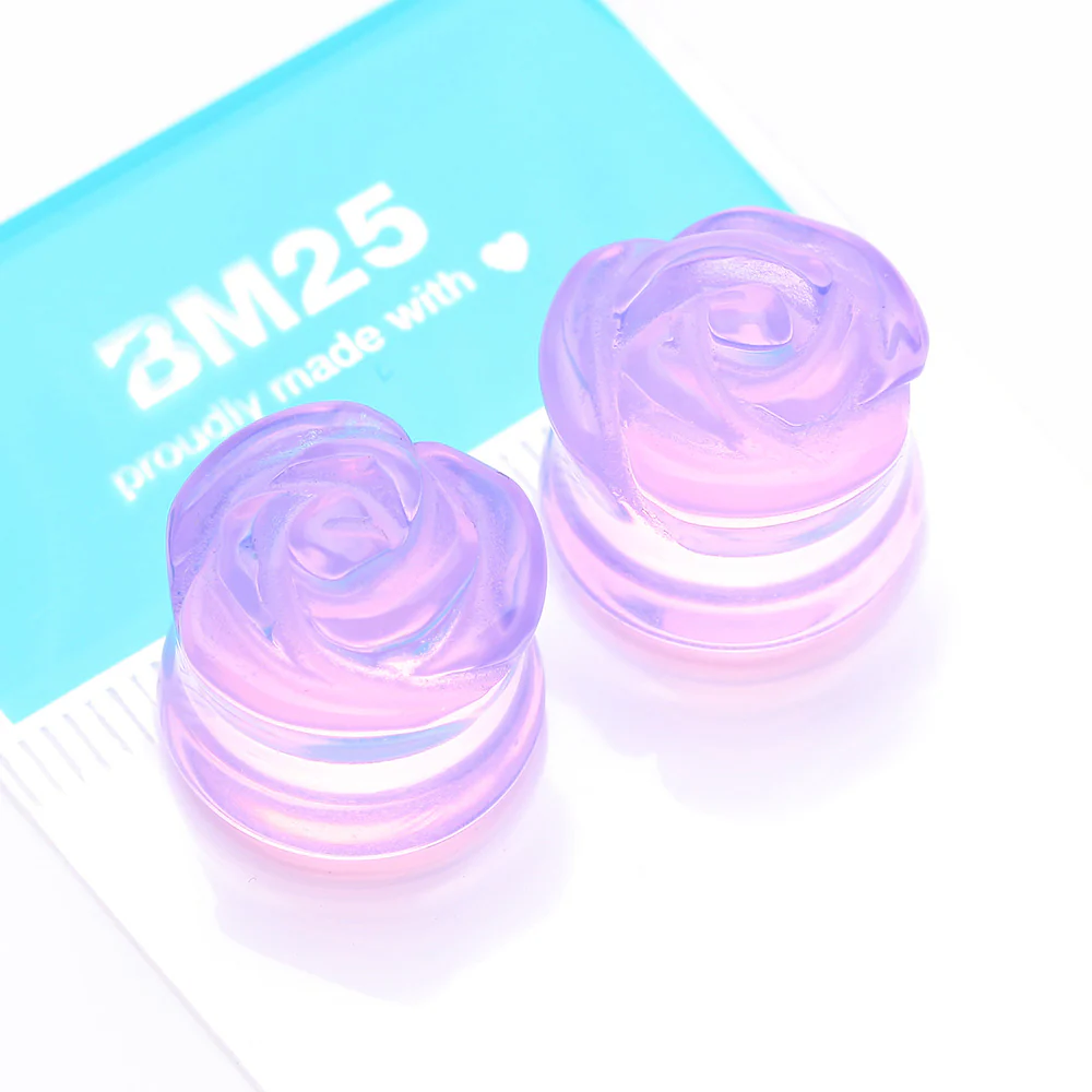 A Pair of Rose Blossom Lavender Glass Double Flared Plug - Image 4