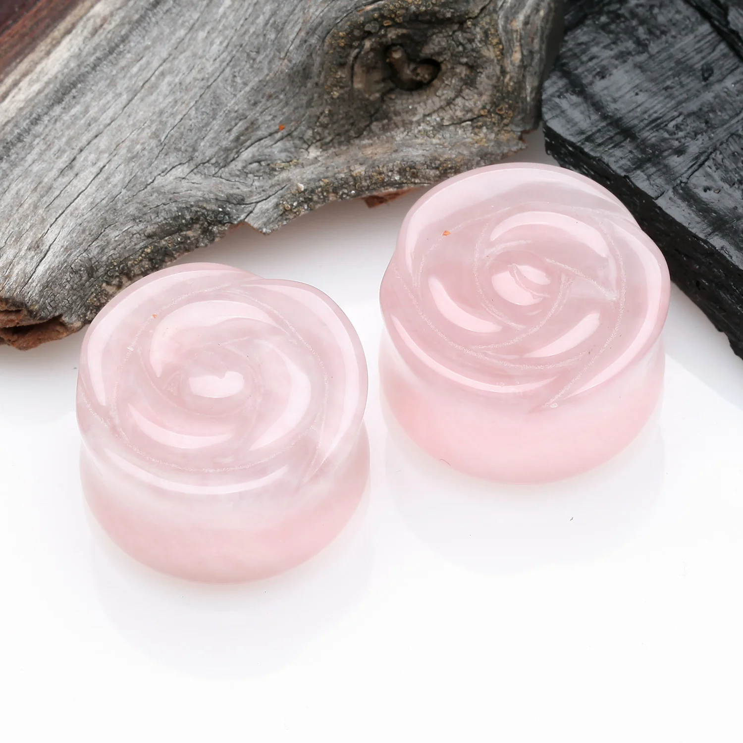 A Pair of Rose Blossom Rose Quartz Stone Double Flared Plug - Image 2