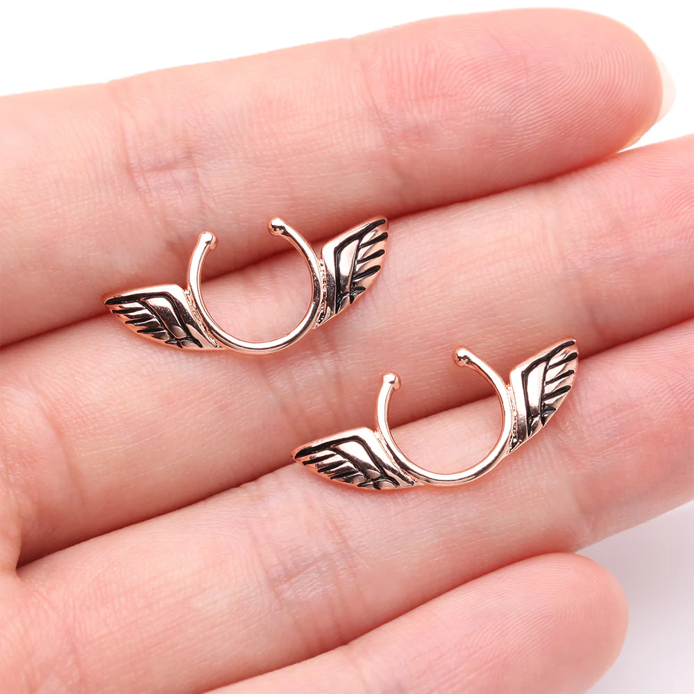 A Pair of Rose Gold Angel Wings Clip On Non-Piercing Nipple Shield Ring - Image 3