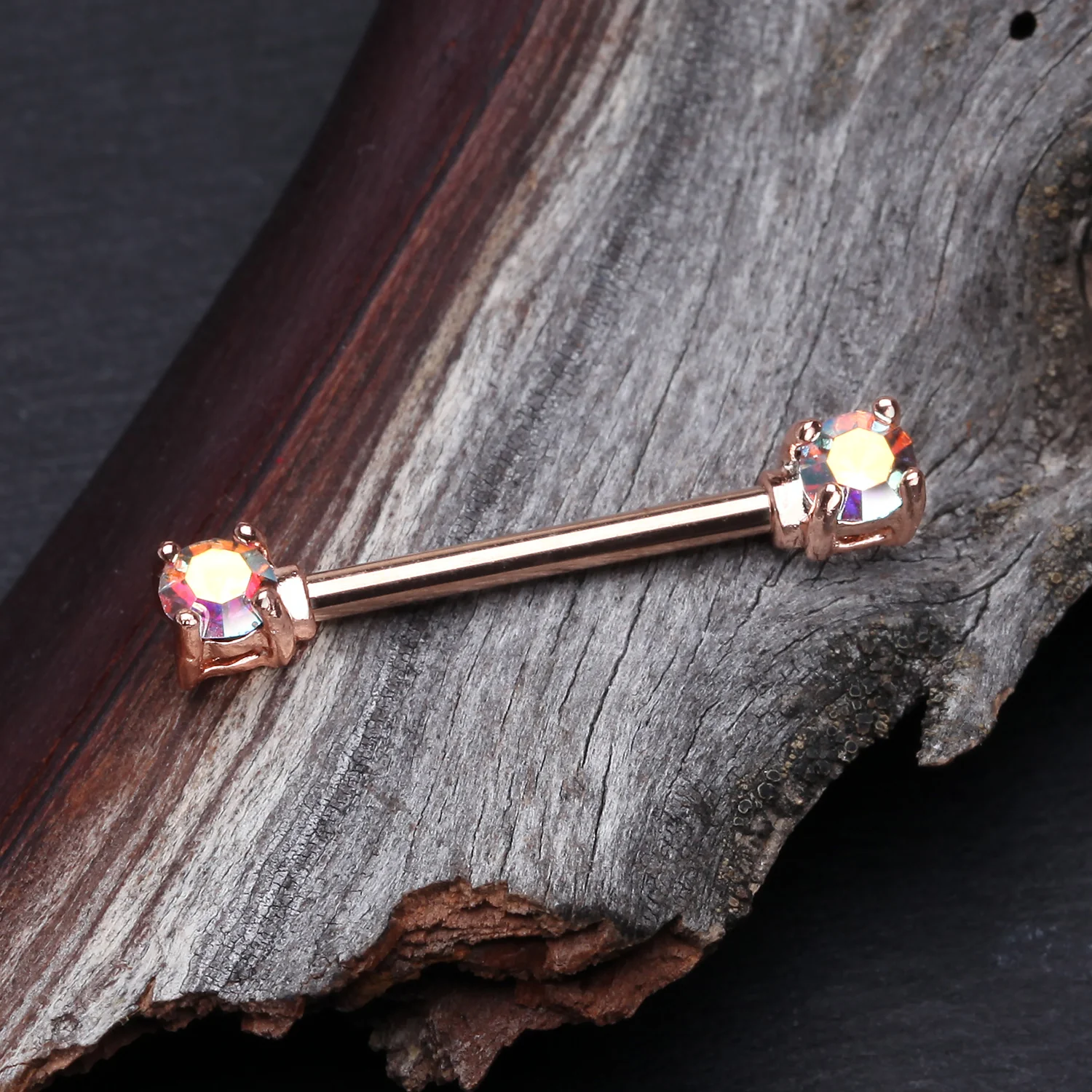 A Pair of Rose Gold Brilliant Sparkle Gem Prong Set Nipple Barbell - Image 2