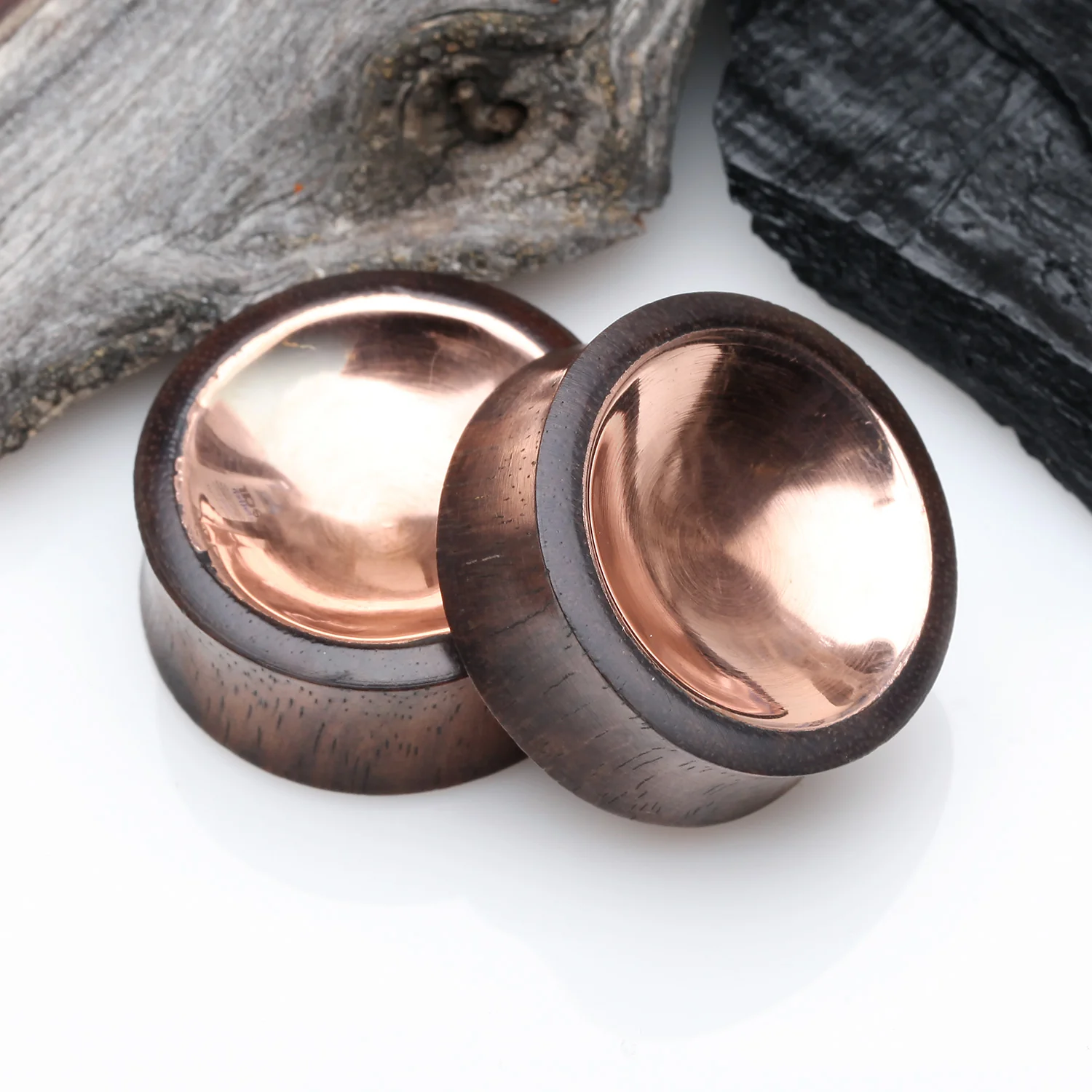 A Pair of Rose Gold Double-Sided Bowl Sono Wood Double Flared Plug - Image 2