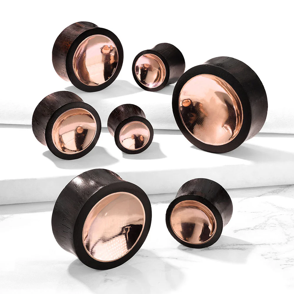A Pair of Rose Gold Double-Sided Bowl Sono Wood Double Flared Plug - Image 3