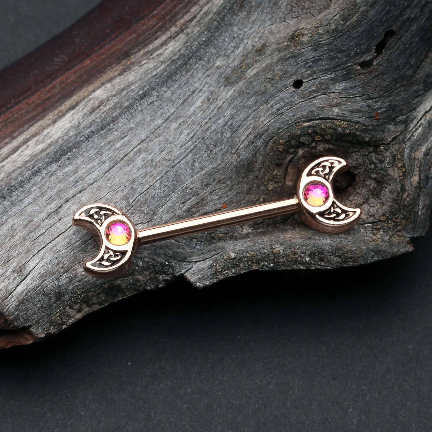 A Pair of Rose Gold Filigree Crescent Moon Sparkle Nipple Barbell - Image 2