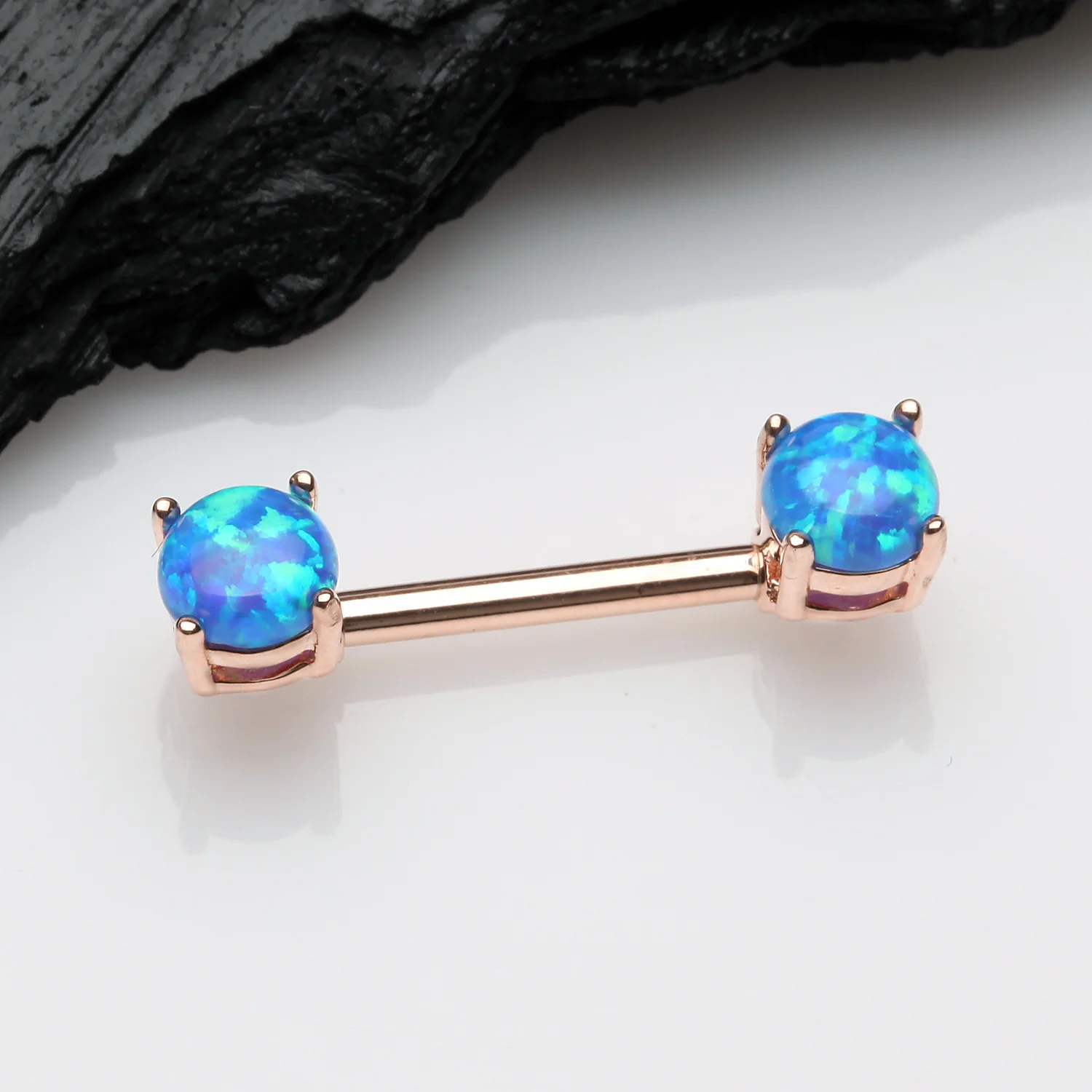 A Pair of Rose Gold Fire Opal Prong Set Sparkle Nipple Barbell - Image 2